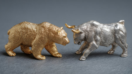 A golden bear and a silver bull face each other on a neutral background, representing opposing trends in the financial market. The intricate details highlight the craftsmanship of the figurines.の素材