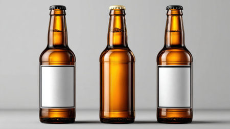Three empty brown glass beer bottles sit upright on a neutral surface, showing a minimalist design. They have blank labels for customizable branding and a modern appearance.の素材