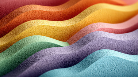 Layers of textured paper in a variety of colors ripple and flow, showing a harmonious blend of soft pastels and dynamic shapes. This artwork exhibits creativity and visual interest.の素材