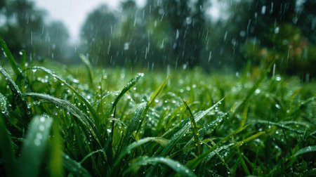 Rain falls steadily on vibrant green grass in a tranquil park during early morning hours. The droplets create a refreshing atmosphere, enhancing nature's beauty around.の素材