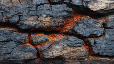 Close-up of a charred wood surface highlighting deep cracks and textures. Bright orange glows hint at heat beneath the blackened exterior, creating a striking visual contrast.の素材