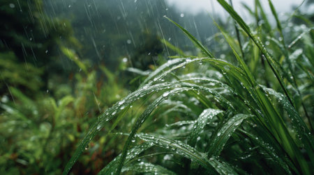 Fresh rain falls gently on vibrant grass, leaving behind glistening droplets that reflect the surrounding greenery. The forest is shrouded in a soft mist, enhancing the calm.の素材