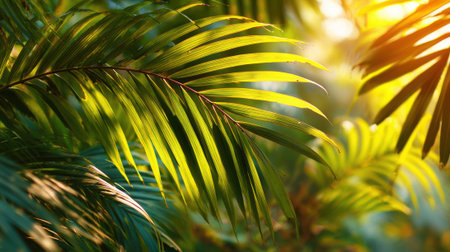 Sunlight pours through vibrant green palm leaves, creating a warm and serene atmosphere in a tropical forest during the early morning. Nature awakens with life around.の素材