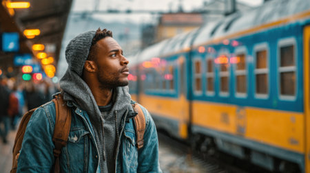 A young man looks up intently at a train as it leaves the platform. He wears a hoodie and denim jacket, surrounded by other commuters in a busy train station during the morning rush.の素材