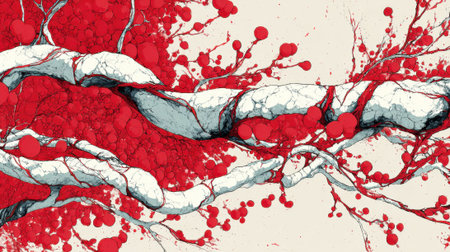 This artwork features intertwining branches with a striking combination of red elements on a light background, creating a dynamic visual effect.の素材