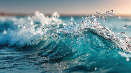Gentle waves roll onto the shore as the sun sets in the background, creating a serene atmosphere with sparkling water and warm colors in the sky.の素材