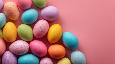 Brightly colored Easter eggs in various pastel shades are thoughtfully arranged on a soft pink backdrop, creating a cheerful and festive ambiance perfect for celebrations.の素材