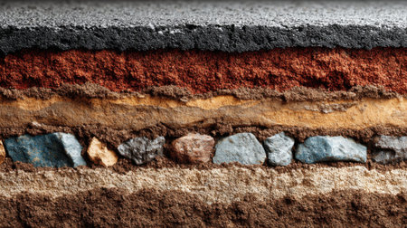 Cross-section view displays various layers of soil and rock, showing natural sedimentation. The texture and colors represent diverse geological formations.の素材