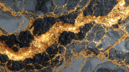 This artwork displays a dynamic surface characterized by an interplay of black and gold hues. The shiny texture enhances the patterns, creating a mesmerizing view that captivates attention.の素材