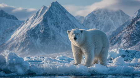 A polar bear is seen on a floating ice platform, surrounded by towering mountains in the Arctic. The chilly environment features snow and ice, showcasing the bear's habitat.の素材