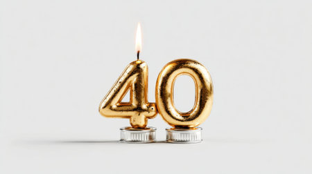Golden number candles shaped like 4 and 0 are placed on a white surface. A small flame flickers on top, indicating a celebration of a 40th birthday.の素材