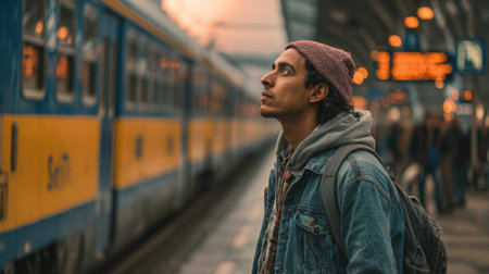 A man stands at a bustling train station, gazing upward as a train approaches. The sunset casts warm colors, creating a serene atmosphere amidst the activity.の素材