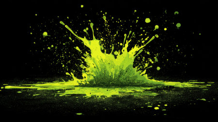 Vivid green paint splashes energetically against a dark backdrop, creating abstract patterns that evoke creativity and movement in an artistic environment.の素材