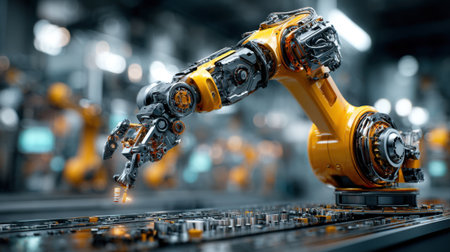 A robotic arm efficiently assembles electronic components in a modern manufacturing facility.の素材