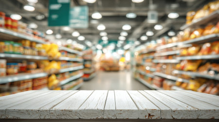 A clean wooden table is in the foreground while blurred grocery shelves filled with various packaged products create a vibrant shopping atmosphere.の素材