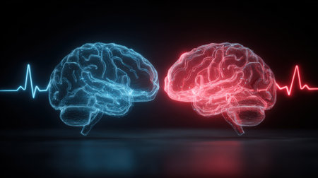 Two stylized brain models, one glowing blue and the other glowing red, are showcased against a dark background featuring a heartbeat line. This visual emphasizes the contrast in neural processes.の素材