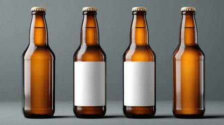 Four empty amber beer bottles are neatly arranged in a row on a smooth gray surface, featuring blank labels that invite customization for branding or personal designs.の素材