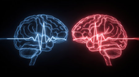 Two stylized brains in contrasting blue and red hues showcase different states of brain activity, while an electrocardiogram line symbolizes heart rate on a dark backdrop.の素材