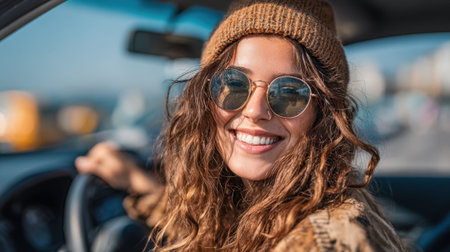 A young woman with curly hair enjoys a sunny day while driving along a scenic coastal road. She wears sunglasses and a warm beanie, showing a joyful expression.の素材
