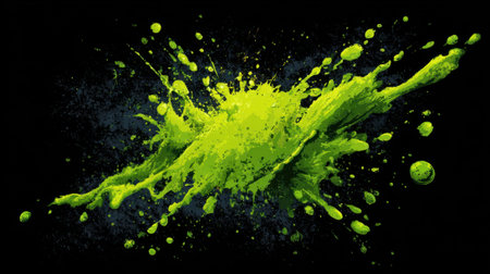 Vibrant green paint splatters create an energetic pattern against a dark background, showing fluid motion and artistic creativity in a bold abstract form.の素材
