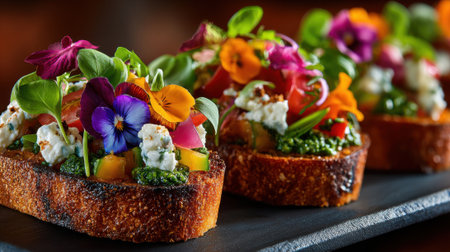 Bruschetta is elegantly arranged on a slate platter, adorned with colorful edible flowers and fresh toppings. The scene captures a fine dining atmosphere with a warm glow.の素材