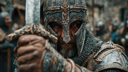 A fierce warrior stands ready for combat, gripping a sword tightly in a medieval environment. The scene captures the intricate details of his armor and an intense atmosphere, with soldiers present.の素材