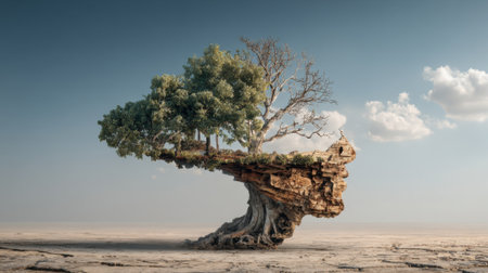 A large rock formation features a vibrant cluster of trees on top, creating a surreal floating effect. The landscape is arid with a few clouds in the sky, suggesting a serene evening.の素材