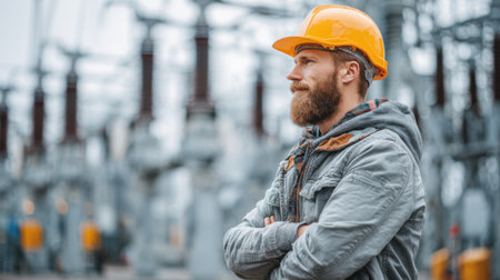A focused worker wearing a yellow hard hat stands at a power station, observing electrical equipment while dressed in a gray jacket. The atmosphere indicates a busy work environment.の素材