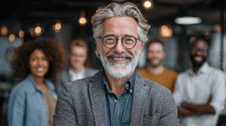 An older man with gray hair and glasses smiles warmly at the camera, standing in a stylish office.の素材