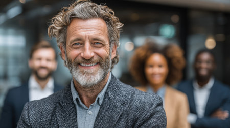 A smiling man with curly hair and a beard stands in front of a diverse group in a contemporary office. The team exhibits confidence and camaraderie during a meeting or presentation.の素材