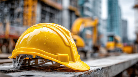 A bright yellow construction helmet sits on a wooden beam at a bustling construction site surrounded by heavy machinery and tall buildings on an overcast day.の素材
