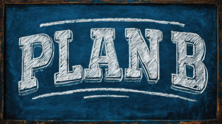 Bold lettering spelling Plan B is presented on a chalkboard with a deep blue background. The design uses white chalk for a classic and artistic look, ideal for creative projects.の素材