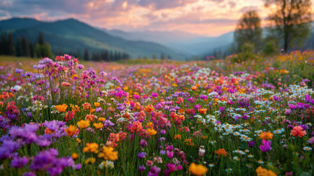 A stunning display of colorful wildflowers fills a lush meadow nestled in the mountains. The sun sets in the background, casting a warm glow across the vibrant petals.の素材