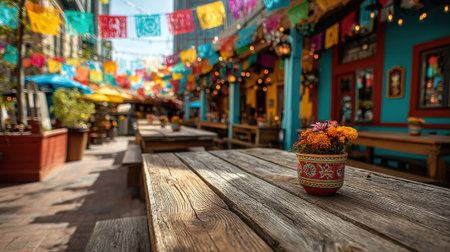 Brightly colored papel picado hangs above an inviting outdoor dining area filled with wooden tables. A small flower pot adds charm, enhancing the festive atmosphere in the bustling location.の素材
