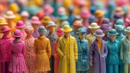 Miniature figures wearing hats and stylish clothing create a colorful array, showcasing vibrant patterns and textures. This artistic display catches the eye in a creative environment.の素材