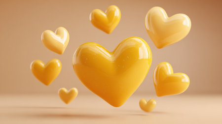 Suspended in a warm environment, multiple glossy yellow hearts of various sizes create a playful display, symbolizing love and joy. The cheerful colors evoke happiness and warmth.の素材