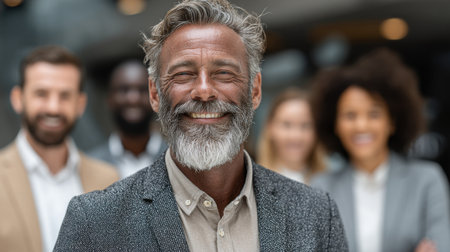 A smiling older man with a beard stands in front of a diverse group of colleagues inside a contemporary office setting. They appear happy and engaged in conversation.の素材