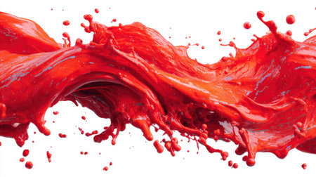 Bright red paint splashes and flows in an energetic manner against a white background, showing dynamic movement and creating an artistic effect. The scene captures the beauty of fluid motion.の素材
