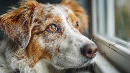A dog sits by the window, observing the rainy day outside. The warm light highlights its fur as it appears lost in thought, adding a calm ambiance to the indoor setting.の素材