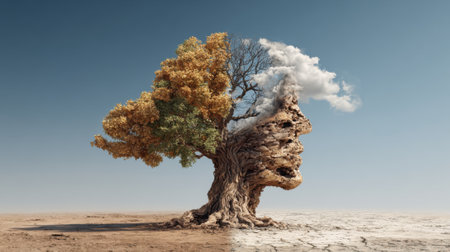 A unique tree with vibrant green and golden leaves blends into a human face made of clouds, set against a dry cracked earth background under a clear blue sky.の素材