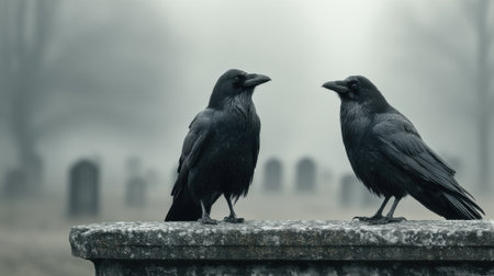 Two black crows stand side by side on a weathered stone wall in a foggy cemetery. The setting is mysterious with gravestones barely visible in the background at dawn.の素材