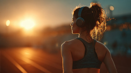A woman jogs on an outdoor running track, wearing headphones as the sun sets in the background, creating a warm and vibrant atmosphere. The moment captures a sense of calm and focus.の素材
