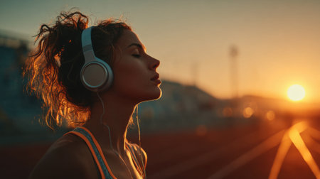 A young woman stands on a running track, wearing headphones and lost in music as the sun sets in the background, creating a warm, golden atmosphere.の素材