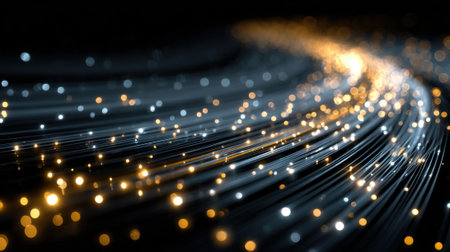 A beautiful arrangement of illuminated strands glides across a dark backdrop, forming a stunning visual spectacle filled with twinkling lights and motion.の素材