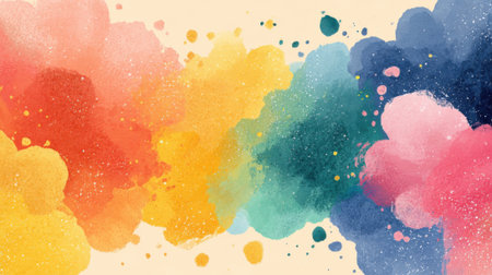 This artwork features a joyful blend of watercolor splashes in various colors. The warm and cool tones merge seamlessly, offering a lively backdrop suitable for art and design.の素材