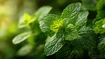 Lush green mint leaves sparkle with droplets of dew, illuminated by soft sunlight. They thrive in a vibrant garden, showing nature's beauty and freshness.の素材