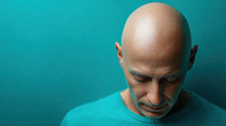 A bald man gazes downward with a serene expression, set against a vibrant turquoise backdrop. The atmosphere is peaceful and introspective, suggesting contemplation or reflection.の素材