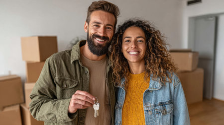 Happy couple stands together in a spacious living room, smiling and holding a set of keys. The room is filled with cardboard boxes, indicating a recent move.の素材