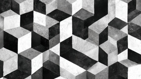 This artwork showcases a striking geometric pattern with various 3D shapes in black and white. The intricate design creates depth and visual interest, perfect for modern decor.の素材