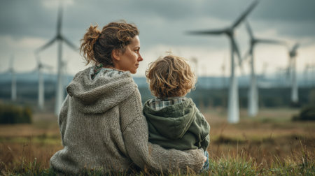 A mother and her young son sit together on a grassy hill, gazing at wind turbines against a cloudy backdrop. The tranquil atmosphere highlights their bond and appreciation for nature.の素材